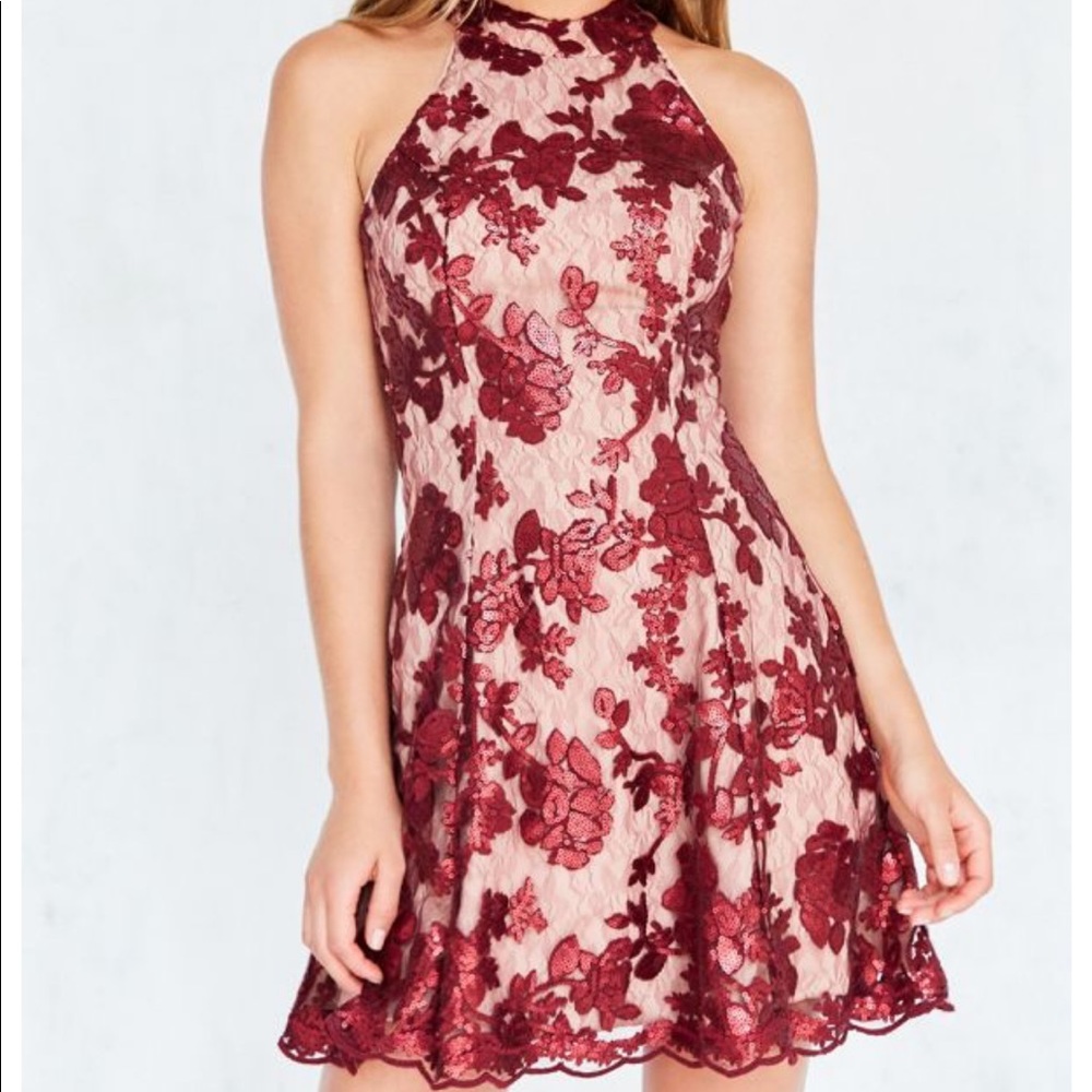 Red embroidered mesh dress
